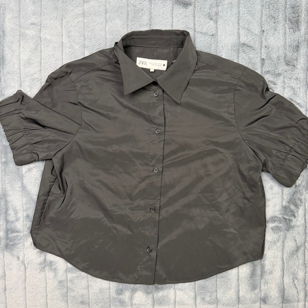 Zara Womens Black Short Sleeve Button Down Cropped Puff Sleeve Shirt Small